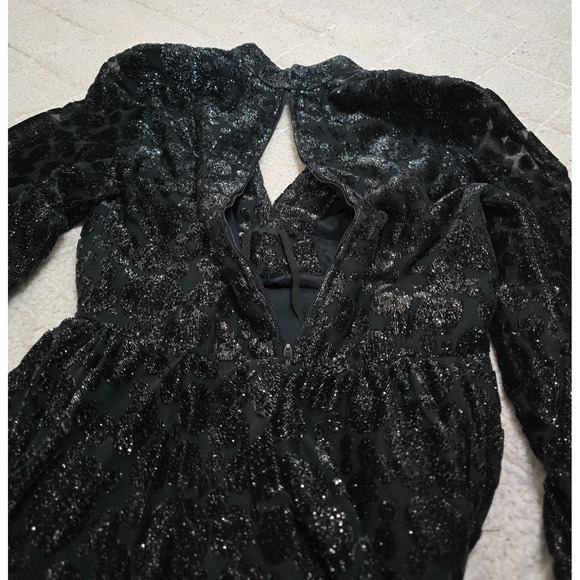 Jayna Vtg  Black Metallic Deep V Neck Party Dress Brocade Bishop Sleeve Size S - Picture 5 of 13